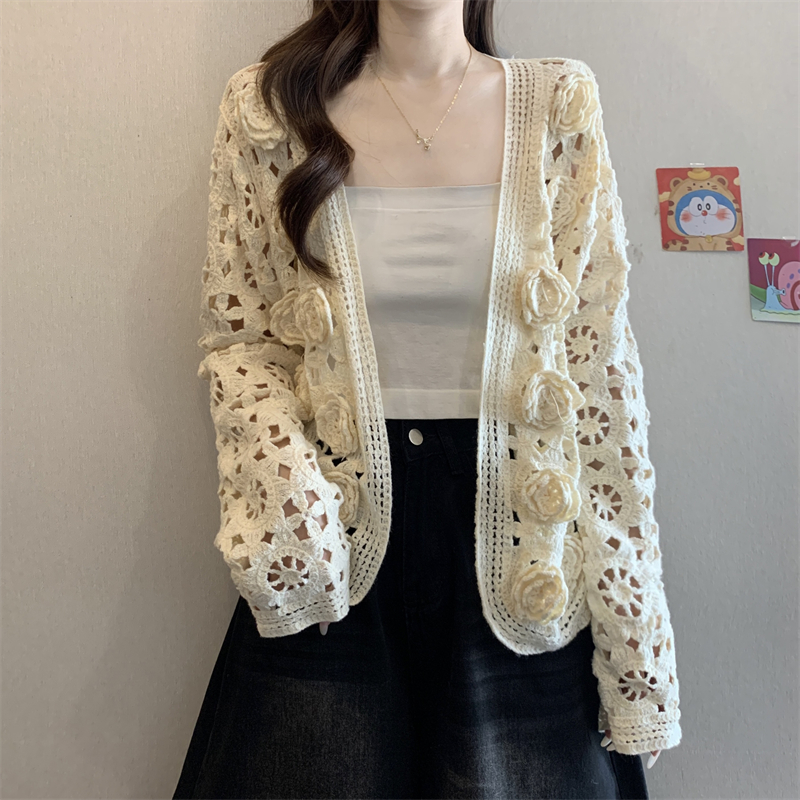 MY16125#大码法式钩花镂空立体花针织开衫女早春高级感防晒罩衫上衣女裝...