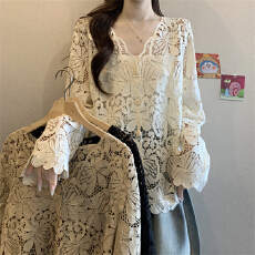 批发实拍～大码胖mm显瘦<b class='q'>镂空</b>蕾丝<b class='q'>衫</b>上衣2026早春长袖防晒<b class='q'>衫</b>罩<b class='q'>衫</b>衬<b class='q'>衣</b>