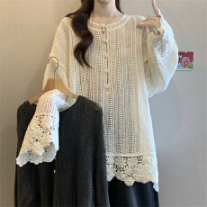 批发实拍～大码钩花<b class='q'>镂空</b>长袖<b class='q'>针织</b><b class='q'>罩衫</b>外搭早春显瘦超好看独特漂亮上衣