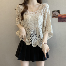 批发实拍～大码胖mm时尚镂空蕾丝罩衫2026<b class='q'>春</b>季新款宽松遮肚外搭上衣
