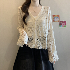 批发实拍～大码设计感镂空开衫女2026早春新款甜美V领针织衫上衣