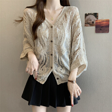 批发实拍～大码法式钩花镂空V领亮片正肩外套春<b class='q'>夏</b>蝙蝠袖防晒外搭开衫