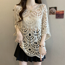 批发实拍～大码胖mm时尚镂空蕾丝罩衫春<b class='q'>夏</b>新款宽松遮肚半袖上衣外搭