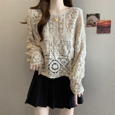 批发实拍～大码法式小众重工钩花镂空针织衫女春<b class='q'>夏</b>显瘦百搭长袖上衣