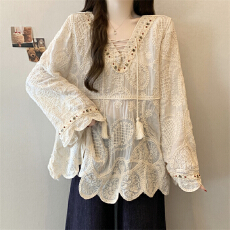 批发实拍～大码波西米亚刺绣蕾丝长袖衬衫女2026春<b class='q'>夏</b>独特防晒罩衫上衣