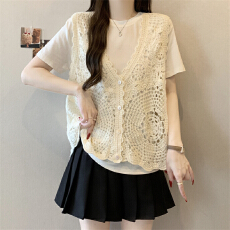 批发实拍实价～大码钩花镂空马甲背心春<b class='q'>夏</b>遮肚子显瘦外搭开衫无袖上衣