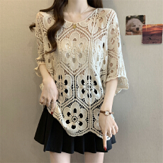 批发实拍～大码波西米亚钩花镂空花朵针织衫女春夏蝙蝠袖外搭罩衫上衣