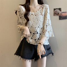 批发实拍实价～大码钩花<b class='q'>针织衫</b>女外搭宽松套头<b class='q'>罩衫</b>镂空百搭防晒上衣