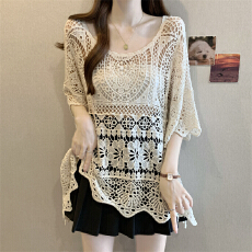 批发实拍～大码波西米亚民族风钩花镂空针织中长款外搭<b class='q'>罩衫</b>喇叭袖上衣