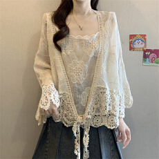 批发实拍～大码春夏法式钩花镂空<b class='q'>蕾丝</b>背心防晒外搭开衫波西米亚套装
