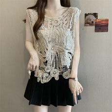 批发实拍实价大码波西米亚镂空钩花亮片无袖T恤罩衫2026新款外搭上衣