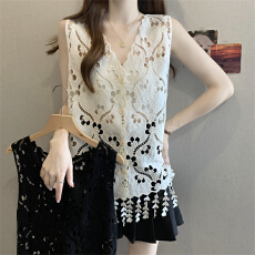 批发实拍～大码钩花<b class='q'>镂空</b>亮片针织<b class='q'>开衫</b>V领马甲背心2026夏叠穿流苏上衣