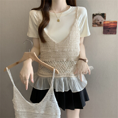批发实拍～大码<b class='q'>夏</b>季法式钩花镂空背心马甲叠穿罩衫短袖T恤套装上衣