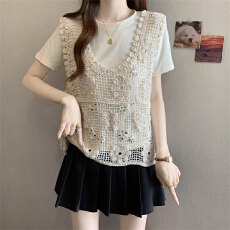 批发实拍～<b class='q'>大码</b>夏季设计感独特亮片马甲<b class='q'>背心</b>叠穿短袖正肩上衣女套装