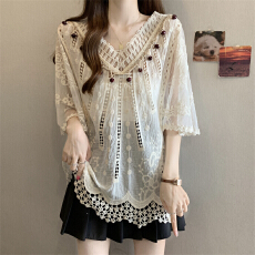 批发实拍～大码法式钩花七分袖衬衫女2026夏季新款宽松遮肚短袖衬衣