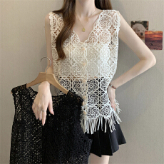 批发实拍～大码钩花镂空针织开衫V领马甲背心女2026夏季叠穿流苏上衣