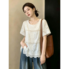 批发实拍～大码法式镂空蕾丝正肩短袖女2026夏季新款宽松洋气减龄上衣