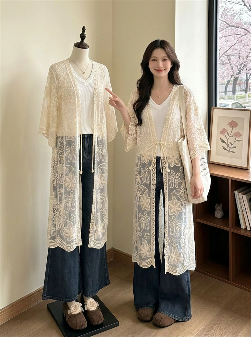 실사 빅 사이즈 보헤미안 휴가 바람 레이스 쉬폰 블라우스 자외선 차단 여성 코트 롱 코트 외부 가져 가라. 오픈 가디건 맨위