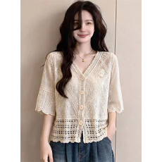 批发实拍～<b class='q'>大码</b>法式气质钩花蕾丝衬衫女夏季新款薄款显瘦防晒<b class='q'>上衣</b>