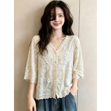批发实拍~大码蕾丝钩花镂空正肩衬衫外套女2026<b class='q'>夏</b>季波西米亚风上衣