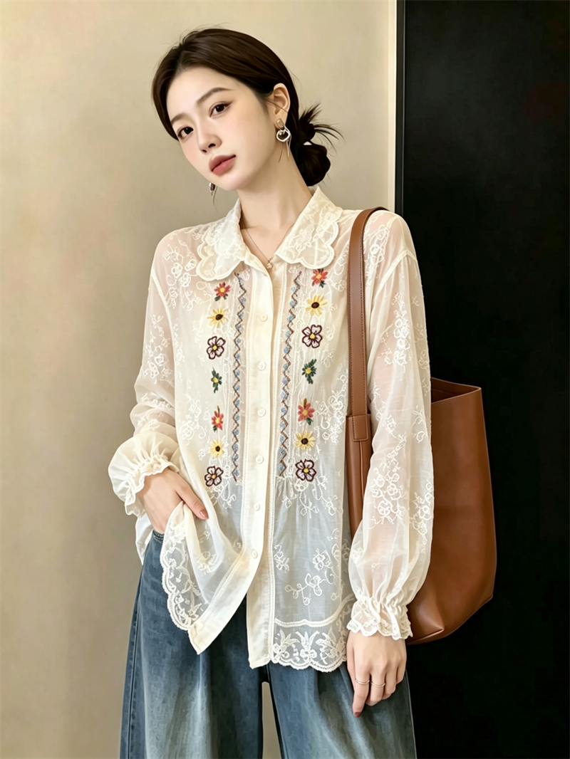 ～大码高级感蕾丝重工刺绣长袖衬衫女新款宽松遮肚子上衣 服裝批發女裝批發服飾貨源