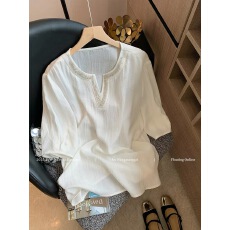 批发老钱风白色钉珠亚麻五分<b class='q'>袖</b><b class='q'>上衣</b>女2026夏新款法式气质宽松减龄短<b class='q'>袖</b>