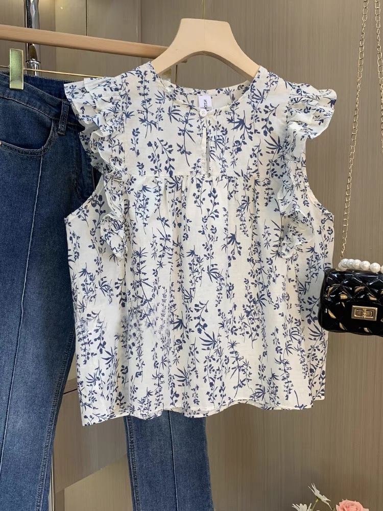 프랑스식 외국 가스 연령 감소 출퇴근 다용도 Chic 맨위 여름 새로운 프릴 주름 작은 날다 소매 여성 셔츠