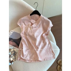 批发新中式粉色暗纹提花醋酸无袖上衣女2025夏季新款甜美减龄气质衬衫