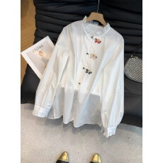 批发欧货新今年流行时尚小马刺绣花边立领纯棉长袖衬衫上衣女
