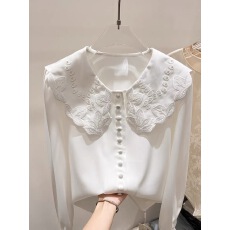 批发2026新款法式气质显瘦娃娃领刺绣镂空单排扣长袖雪纺衬衫女春季