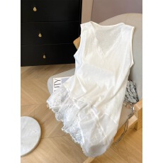 批发蕾丝花边V领无袖背心<b class='q'>裙</b>女拼接侧开叉<b class='q'>裙</b>摆不规则设计感上衣