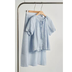 批发法式气质小清新蓝色泡泡袖圆领系带衬衫半身裙<b class='q'>套装</b><b class='q'>女</b>2026春季新款