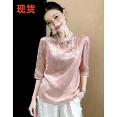 批发高端国风仿真丝提花五分袖衬衫春夏洋派宽松盘扣旗袍上衣