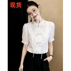 批发夏季新款女轻奢高定气质名媛复古风盘扣天丝法式衬衫