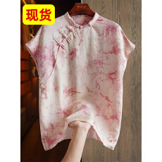 批发高端重磅真丝衬衫女短袖<b class='q'>t</b><b class='q'>恤</b>复古国风印花斜襟盘扣新中式上衣