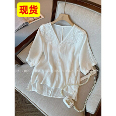批发新中式刺绣v领亚麻短袖<b class='q'>t</b><b class='q'>恤</b>女2026夏季新款简约气质百搭国风短上衣