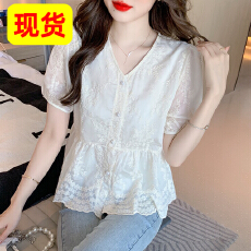 批发2026欧货V领蕾丝娃娃衫女夏新款减龄法式甜美超仙小衫<b class='q'>泡泡袖</b>上衣