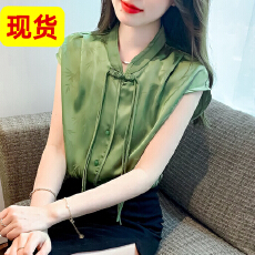 批发<b class='q'>衬衫</b>女士高级感轻奢夏季短袖新款复古优雅盘扣设计仿<b class='q'>真丝</b>提花上衣