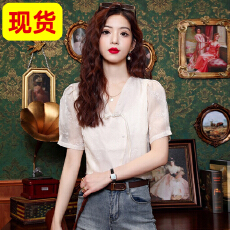 批发新中式短款<b class='q'>雪纺上衣</b>设计感小众女夏季<b class='q'>泡泡袖</b>国风盘扣刺绣短袖衬衫