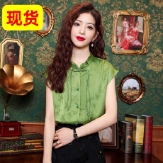 批发<b class='q'>衬衫</b>女士高级感轻奢夏季短袖新款复古优雅盘扣设计仿<b class='q'>真丝</b>提花上衣