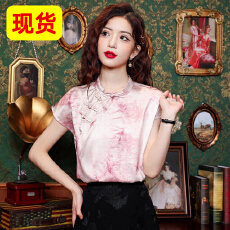 批发别致绝美<b class='q'>桑蚕丝</b>衬衣新中式国风真丝衬衫扎染工艺短袖旗袍式<b class='q'>上衣</b>