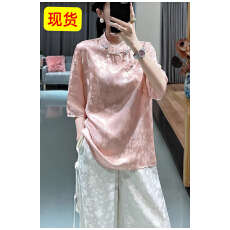 批发高端国风仿<b class='q'>真丝</b>提花五分袖<b class='q'>衬衫</b>春夏洋派宽松盘扣旗袍上衣