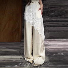 批发欧洲站2026春季新款时尚<b class='q'>高腰</b>显瘦百搭蕾丝拼接直筒醋酸<b class='q'>阔腿裤女</b>潮