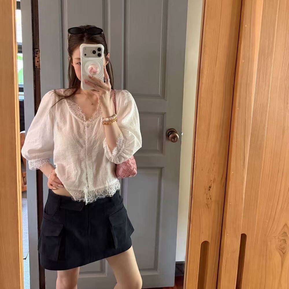 oker. 프랑스식 부드러운 광택 실 펌프 Pleat 몸매 가꾸기 쇼트 스타일 작은 셔츠