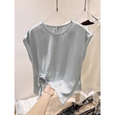 批发2026新款韩国气质圆领下摆立体花朵装饰褶皱纯色短袖雪纺衫女夏季