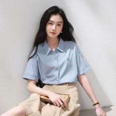 批发2026夏季新款韩版蓝色条纹短袖<b class='q'>衬衫</b>女刺绣宽松翻领显瘦通勤<b class='q'>衬衣</b>