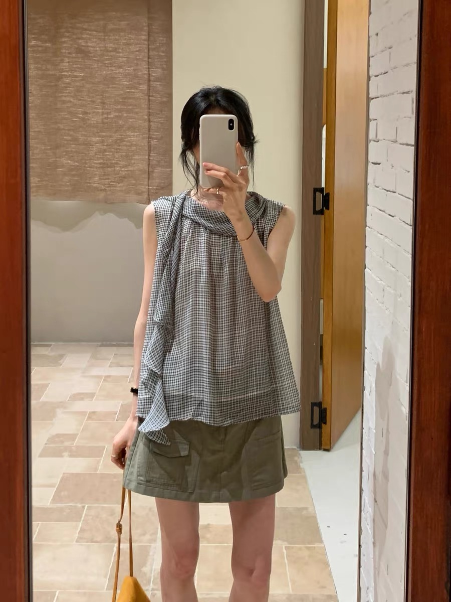 MiG 흔들다 칼라 민소매 프릴 여성 셔츠 아모이 작은 대중 디자인 센스 슬림해 보이는 어깨 쉬폰 작은 셔츠