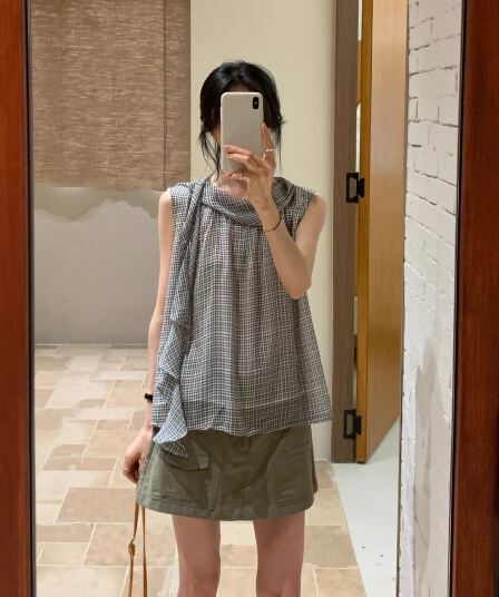 MiG 흔들다 칼라 민소매 프릴 여성 셔츠 아모이 작은 대중 디자인 센스 슬림해 보이는 어깨 쉬폰 작은 셔츠