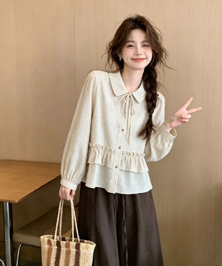 체크무늬 프릴 베이비 칼라 여성 셔츠 가을 새로운 긴팔 맨위