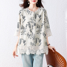 批发<b class='q'>实拍</b> 时尚印花蕾丝拼接衬衫女春夏季新款宽松衬衣<b class='q'>大码</b>上衣